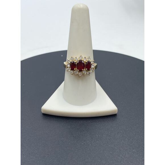 Vintage Vermeil Sterling Triple Oval Garnet Trilogy Engagement Ring Cz Diamond - Picture 2 of 11